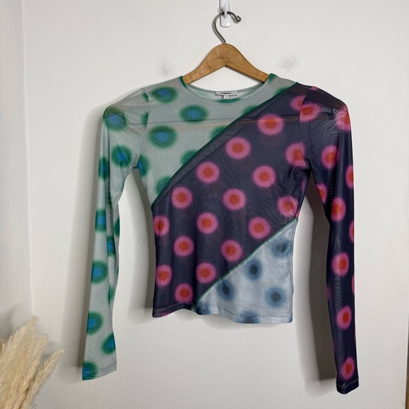 MIAOU Polka Dot PatchworkLong Sleeve Mesh Sheer T-shirt Sz S Y2K Bratz 2000’s - Picture 2 of 14